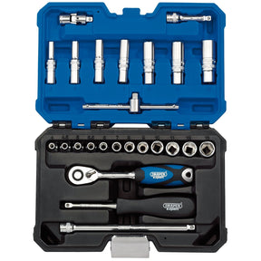 The Draper Expert Metric Socket Set, 1/4" Sq. Dr., Blue (25 Piece) - B25MN/SG is a compact, open toolbox containing an assortment of metal sockets, six-point sockets, wrenches, and other tools made from chrome vanadium steel, all organized in a molded blue-and-black case.