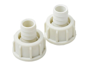 Two FuelWorks - AdBlue Plastic Fittings from Sparex, featuring ribbed hose inserts and threaded bases, are placed side by side on a white background, showcasing precise thread size compatibility.