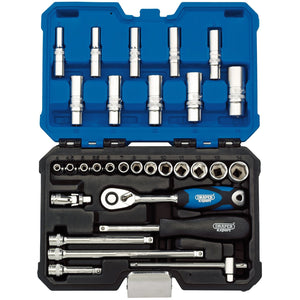 The Draper Metric Socket Set, 1/4" Sq. Dr. (30 Piece) - B30MN/SG, includes an assortment of six-point sockets, ratchets, and accessories neatly arranged in a black and blue case. The tools are crafted from chrome vanadium steel and are securely organized in designated slots.