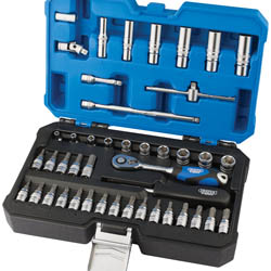 The Draper Metric Socket Set, 1/4" Sq. Dr. (44 Piece) - B44MN/SG includes various sockets and accessories, along with a reversible ratchet, all crafted from durable chrome vanadium steel and neatly organized in a blue and black plastic storage case.