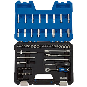 A Draper mm/Af Combined Socket Set, 1/4" Sq. Dr. (75 Piece) - B75AMN/SG, in black and blue, is open displaying a variety of silver socket wrenches, 72 tooth ratchet handles, extensions, and bits organized in compartments. The set includes metric sockets crafted from durable chrome vanadium steel for robust performance.