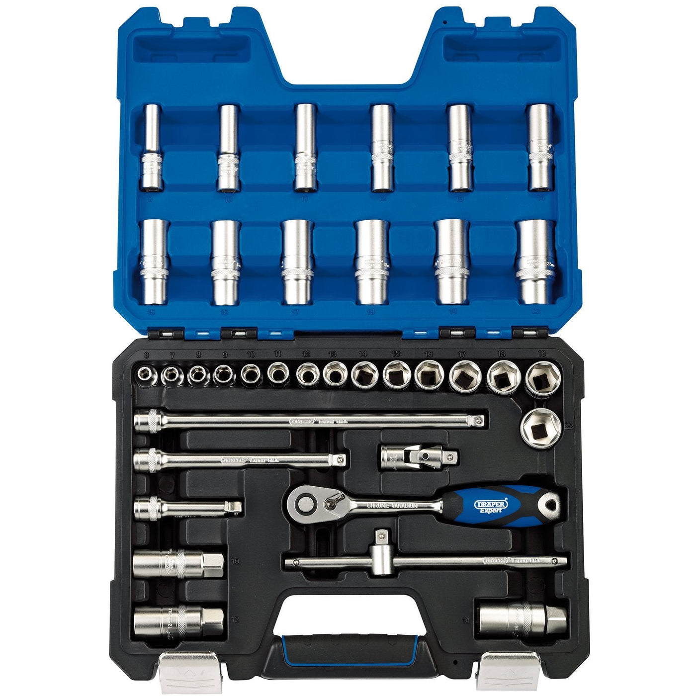 The Draper Metric Socket Set, 3/8" Sq. Dr. (36 Piece) - D36MN/SG includes chrome vanadium steel socket wrenches, six-point sockets, and a 72-tooth reversible ratchet, all neatly organized in a blue and black plastic case.