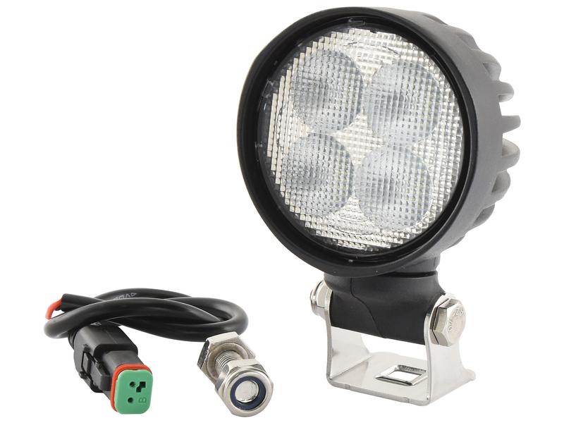 Sparex LED Work Light with four bulbs, aluminium housing, and a metal mounting bracket. Next to it, a black cable with a green connector and a metal toggle switch are shown. Product Name: LED Work Light, Interference: Class 3, 2000 Lumens Raw, 10-30V | Sparex Part Number: S.164518.