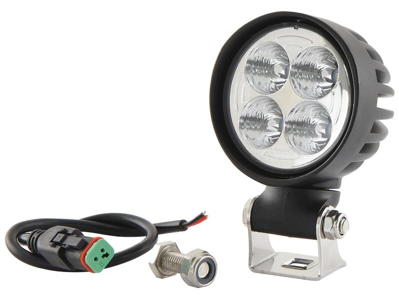 A round 20W LED Work Light, model S.164519 by Sparex, features four bulbs in a black casing and delivers 2000 lumens raw. It includes an IP6K9K rating, mounting bracket, wiring harness, connector, and operates within a 10-30V range.