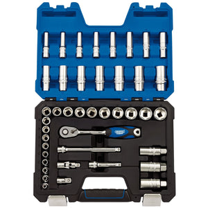 A detailed image of the Draper Metric Socket Set, 3/8" Sq. Dr. (42 Piece) - D42MN/SG inside a tough plastic storage case, displaying various sizes and types of chrome vanadium steel sockets, a reversible ratchet, and extensions organized neatly in two sections.