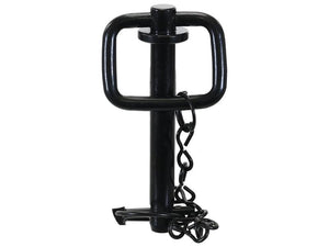 The Hitch Pin with Chain & Linch Pin 16x98mm Heavy Duty by Sparex (Part Number: S.164539) is a robust black hitch pin featuring a rectangular handle and an attached chain for secure fastening, along with advanced corrosion protection.