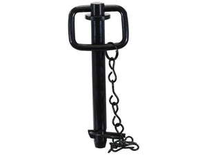 The Hitch Pin with Chain & Linch Pin 19x157mm Heavy Duty (Sparex Part Number: S.164541) from Sparex is a black hitch pin featuring a rectangular handle, an attached safety chain, and EPD Plating for superior corrosion protection.