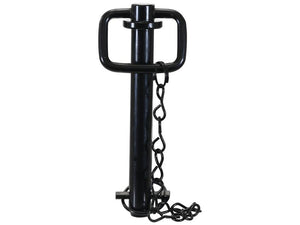 A heavy-duty Sparex Hitch Pin with Chain & Linch Pin (22x157mm) in black metal, featuring a rectangular handle and an integrated security chain, designed with Sparex's advanced corrosion protection.