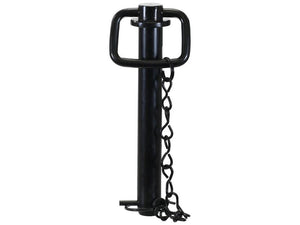 The Sparex Hitch Pin with Chain & Linch Pin 25x183mm (Sparex Part Number: S.164544) is a heavy-duty black metal hitch pin featuring a rectangular handle, EPD plating for superior corrosion protection, and an attached chain secured with a cotter pin at the bottom.