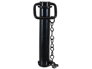 The Sparex Hitch Pin with Chain & Linch Pin (38x190mm) – Part Number: S.164549, is a black cylindrical hitch receiver equipped with a top handle and a linked chain attached to its side. It features Sparex corrosion protection for enhanced durability. This heavy-duty accessory is essential for connecting trailers to towing vehicles.
