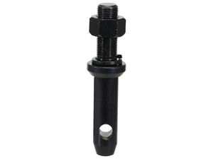 The Sparex Lower Link Implement Pin Dual 22x140mm, with a 3/4''x48mm thread size, Cat. 1 heavy-duty black metal design, features a threaded section at the top, a hexagonal nut, and a cylindrical shaft with an eyelet hole near the base—perfect for use as an implement attachment pin (Sparex Part Number: S.164553).