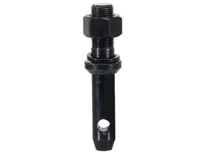 The Lower link implement pin 22x140mm by Sparex (Sparex Part Number: S.164554), designed for heavy-duty use, is a black cylindrical metal object with threaded ends and a hexagonal nut in the middle, featuring a hole near the bottom, and has a thread size of 7/8''x40mm suitable for Category 1 implements.