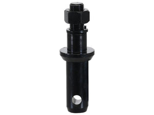 A heavy-duty black metal pin from Sparex featuring a bolt and nut secured on top, with an additional hole near its base. This Lower link implement pin measures 28x141mm and has a thread size of 3/4''x36mm, categorized under Heavy Duty Cat. 2 (Sparex Part Number: S.164555).