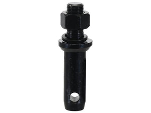 The Lower Link Implement Pin by Sparex, part number S.164556, features a black cylindrical metal design with a hole at the bottom and threaded components at the top (7/8''x35mm), making it ideal for heavy-duty implement attachment. The dimensions are 28x137mm, fitting Category 2 specifications.