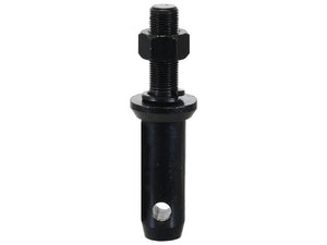 The Sparex Lower Link Implement Pin Dual, measuring 28x149mm with a 3/4''x54mm Cat. 2 heavy-duty thread (Sparex Part Number: S.164557), is a robust black metal bolt featuring a hexagonal nut and a cylindrical base with a hole near the bottom, making it ideal for use as an implement attachment pin.