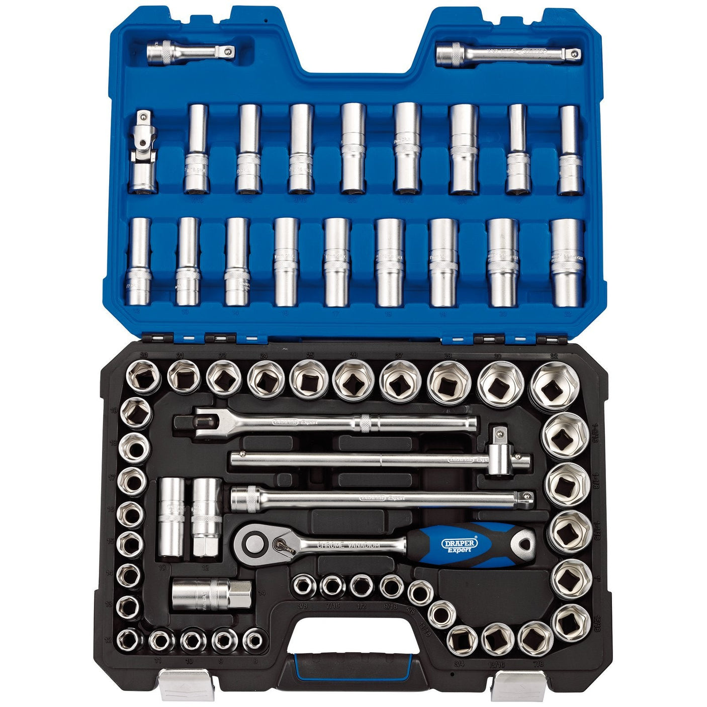 The Draper mm/Af Combined Socket Set, 1/2" Sq. Dr. (63 Piece) - H63AMN/SG features an open case showcasing various socket wrenches, ratchets, and extensions crafted from chrome vanadium steel. Each component is organized neatly in rows with a stylish blue and black color scheme. The set includes a 72 tooth reversible ratchet and six point sockets for enhanced performance.