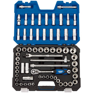 The Draper mm/Af Combined Socket Set, 1/2" Sq. Dr. (63 Piece) - H63AMN/SG features an open case showcasing various socket wrenches, ratchets, and extensions crafted from chrome vanadium steel. Each component is organized neatly in rows with a stylish blue and black color scheme. The set includes a 72 tooth reversible ratchet and six point sockets for enhanced performance.