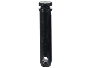 The Sparex Lower Link Pin 28x115mm Cat. 2 Heavy Duty (Sparex Part Number: S.164585) is a black metal pin featuring a round head and a hole at the bottom, designed for heavy-duty applications.