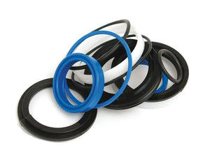 A scattered arrangement of black, blue, and white rubber O-rings and seals from the Hydraulic Cylinder Repair Kit - 120/50mm (Sparex Part Number: S.164592) by Sparex against a white background.