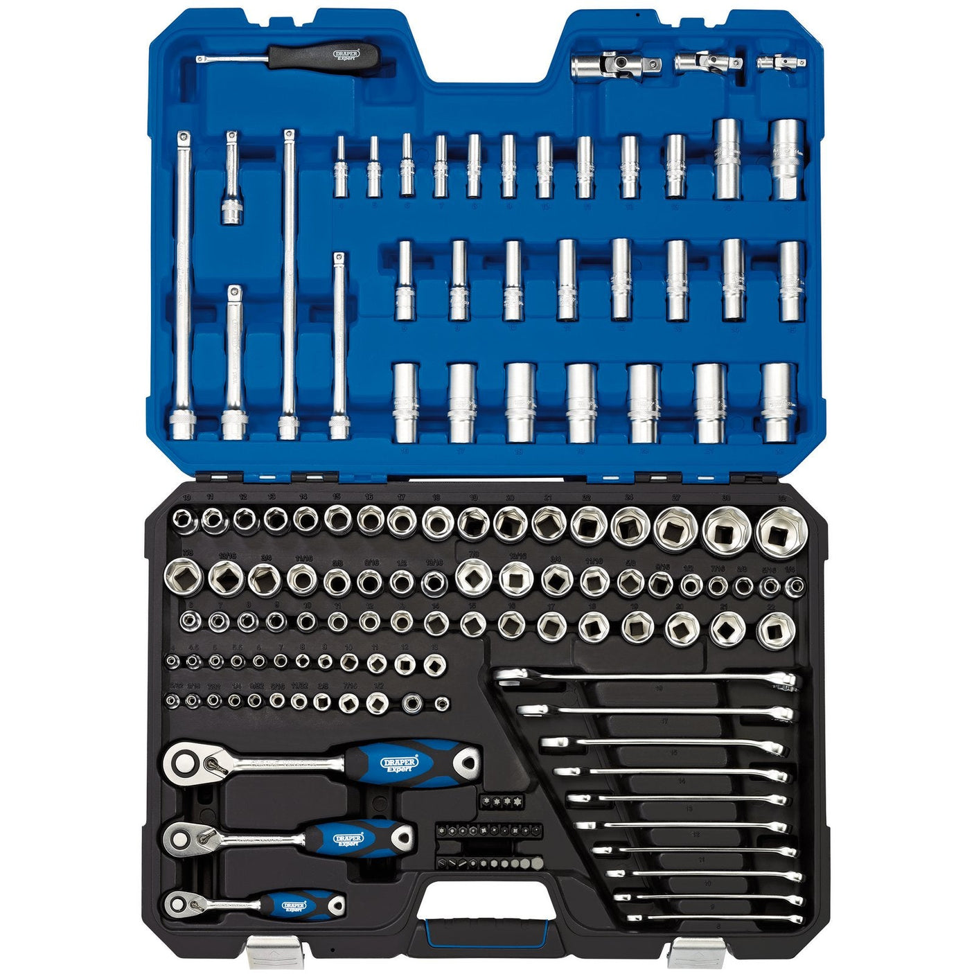 The Draper Expert Hi-Torq® Combined mm/Af Socket Set, 1/4", 3/8" And 1/2" Sq. Dr. (150 Piece) - TK150N/SG includes a blue and black storage case containing an array of sockets, wrenches, and a 72 tooth ratchet, all expertly crafted from durable chrome vanadium steel and meticulously organized in their respective slots.