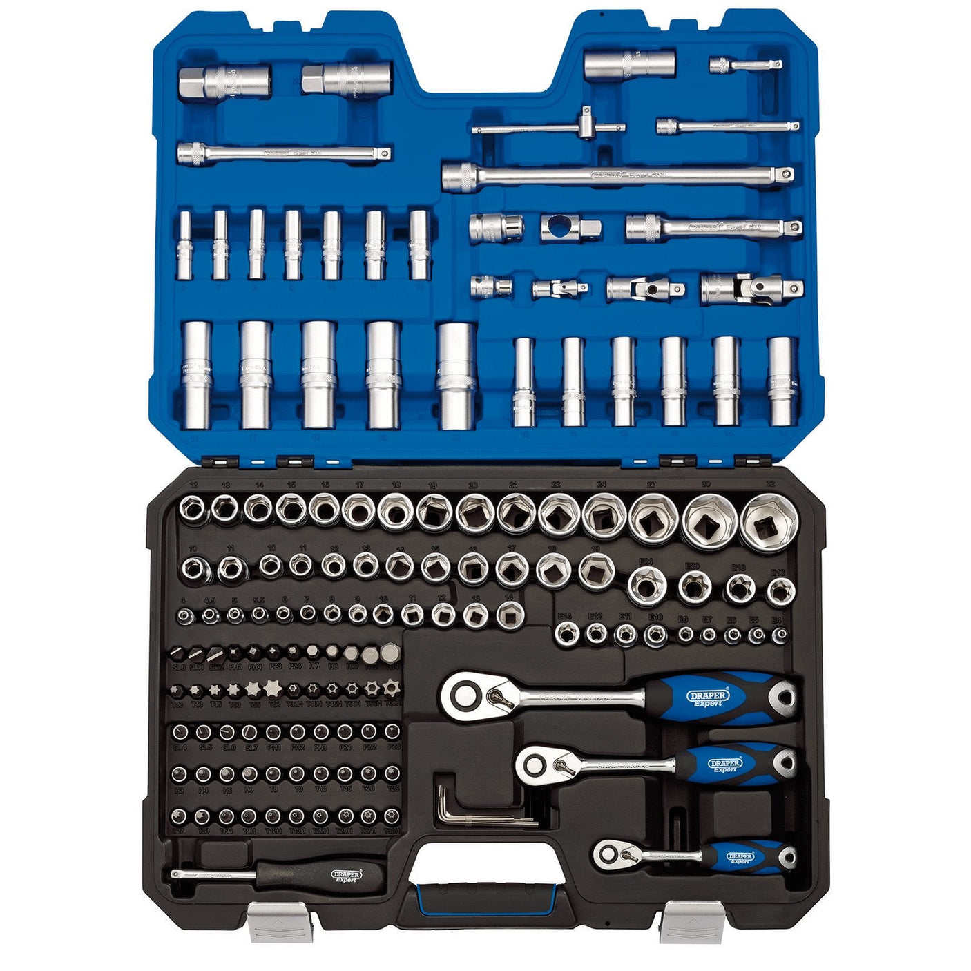 The Draper Metric Socket Set, 1/4", 3/8" and 1/2" Sq. Dr. (149 Piece) - STK149N/SG features a wide range of socket sizes, extensions, 72 tooth reversible ratchets, and bits, all housed in a blue and black plastic storage case. Each tool is meticulously crafted from durable chrome vanadium steel to ensure long-lasting use.