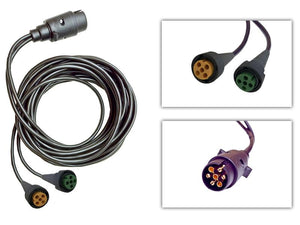 A coiled electrical cable with a 7-pin male connector at one end and a 5-pin female connector at the other. Two inset images show close-ups of the connector ends. The 5-meter long cable, part of the Sparex brand, is identified as Part Number S.164645 and features robust connectors for versatile use.