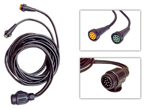 Sparex's Cable Kit 5M, 13 Pin Male - 8 Pin Female (Part Number: S.164651) features a coiled black cable with multiple connectors: one with orange pins, one with green pins, and one Plastic Plug Type featuring multiple pins. The cable length is optimized for versatile applications.