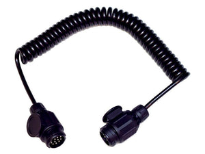 A black Spiral Extension Cable 1.5M with 13/13 pin male/male connectors on both ends, Sparex Part Number S.164652.