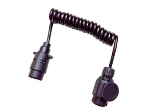 The Sparex Spiral Extension Cable 7M, 7 / 13 Pin, Male / Male (Sparex Part Number: S.164657) is a black coiled cable with a plastic plug on one end and a socket connector on the other end, specifically designed for electrical connections.