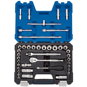 A Draper Expert Combined mm/Af Socket Set, 3/8" Sq. Dr., Blue (41 Piece) - D41AMN/B tool case with various chrome vanadium steel sockets, wrenches, and a 72-tooth reversible ratchet neatly arranged inside.