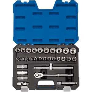 The Draper Metric Socket Set, 1/2" Sq. Dr. (30 Piece) - H30MN/B comes in an open blue and black case, featuring multiple chrome vanadium steel sockets, ratchets, and extensions neatly organized inside. It also includes a reversible ratchet for added versatility.