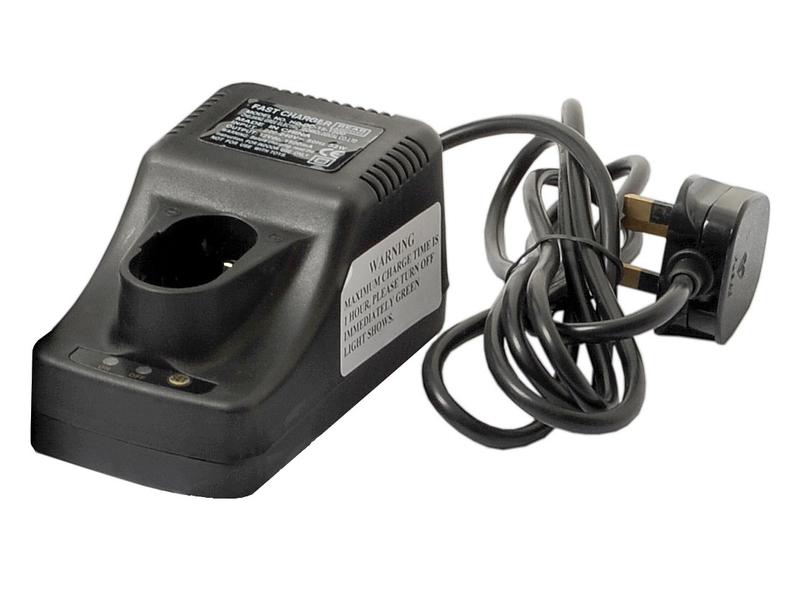 A black Sparex Battery Charger, suitable for S.24588 and labeled with Sparex Part Number S.164679, featuring an attached power cord and a three-pronged plug. The device includes a label with text and an opening for the battery.