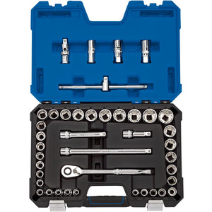 The Draper Expert Hi-Torq® Combined mm/Af Socket Set (Model H41AM/B) is a comprehensive 41-piece kit, featuring chrome vanadium sockets, various extensions, and a 72-tooth ratchet. This high-quality set is organized in a durable blue and black plastic carry case.