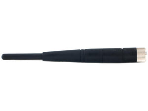 Image of a black rubberized and metallic RF antenna designed for wireless communication devices. The antenna is straight with a flexible tip and a metallic connection end. This is the Antenna 5dBi for MachineCam & MachineCam HD (Sparex Part Number: S.164683) by Sparex. For related products, please visit our catalog online.