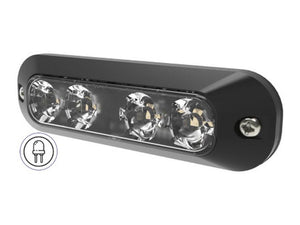 Close-up of the Sparex Directional Hazard LED lightbar (Sparex Part Number: S.164689), showcasing its black rectangular design with a clear LED light, featuring four LED components and two visible screw mounts, accompanied by a small plug icon. This IP67-rated lightbar boasts durable polycarbonate housing for longevity in various conditions.