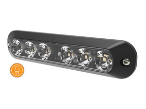 The Sparex Directional Hazard LED (Part Number S.164690) is a rectangular light bar featuring six round amber LEDs enclosed in a durable black polycarbonate housing, with two mounting screws on each end. An orange icon with a lightbulb symbol is positioned at the bottom left corner. This fixture offers an IP67 rating for exceptional water and dust resistance.