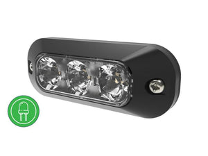 A green rectangular Sparex Directional Hazard LED light fixture with three bulbs, featuring 21 flash patterns, IP67 durability rating, and mounting screws on each end, accompanied by a green icon of a plug. Sparex Part Number: S.164694.