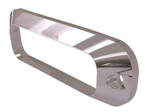 The Chrome Bezel Surround (Sparex Part Number: S.164697) by Sparex is a rectangular metallic object with a hollow center and an additional circular opening on one side, finished in sleek chrome and enhanced with subtle LEDs for a modern touch.