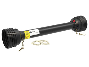 Image of the Sparex PTO Complete Guard Kit, featuring a black plastic tube-like component with large threaded ends, chain locks, and warning labels on its surface, specifically designed for mechanical or industrial use in the PTO Series. The kit also includes two Easy-Lock chain connectors. Product details: Lz length 1010mm, size Extra Large Guard. Sparex Part Number: S.164725.
