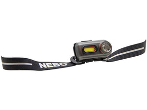 A black and grey headlamp with an adjustable strap labeled "Sparex" showcasing the Nebo Einstein 400 Head Torch, which offers dual light modes, 400 lumens of brightness, and convenient USB charging for hassle-free recharging.