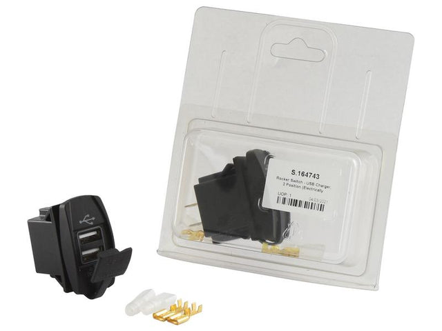 Packaged Sparex Rocker Switch - USB Charger, 2 Position, 1 pc. Agripak (Sparex Part Number: S.164743) with installation components, including gold connectors and white plastic covers, on a white background. Rated IP55 for durability.