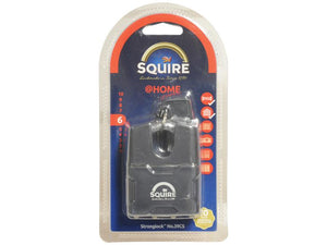 The Squire Stronglock Pin Tumbler Padlock - Key Alike by Sparex is presented in its packaging, which features prominent @Home branding and a key symbol. The robust 54mm steel body with a hardened shackle is showcased clearly, and the package indicates a security rating of 6 on the side.