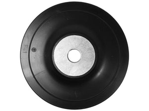 Viewed from above, the Sparex Backing Pad (Ø115 x 14 | Part Number: S.164787) is a black rubber washer with a metal center and a hole in the middle, crafted from premium nylon compound.