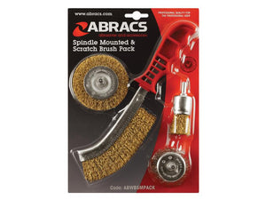 The packaging of the Sparex Spindle Mounted & Scratch Brush Pack (Sparex Part Number: S.164795) showcases a brush tool with a red handle alongside three alternative brass wire brush attachments. Check out related products from Sparex for more versatile brushing options.