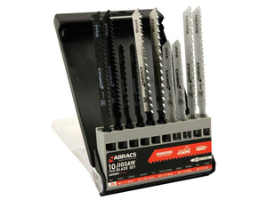 Purchase the Jigsaw Blade Pack (Sparex Part Number: S.164799) by Sparex, a set of 10 jigsaw blades in a plastic case, organized by type for wood and metal cutting.