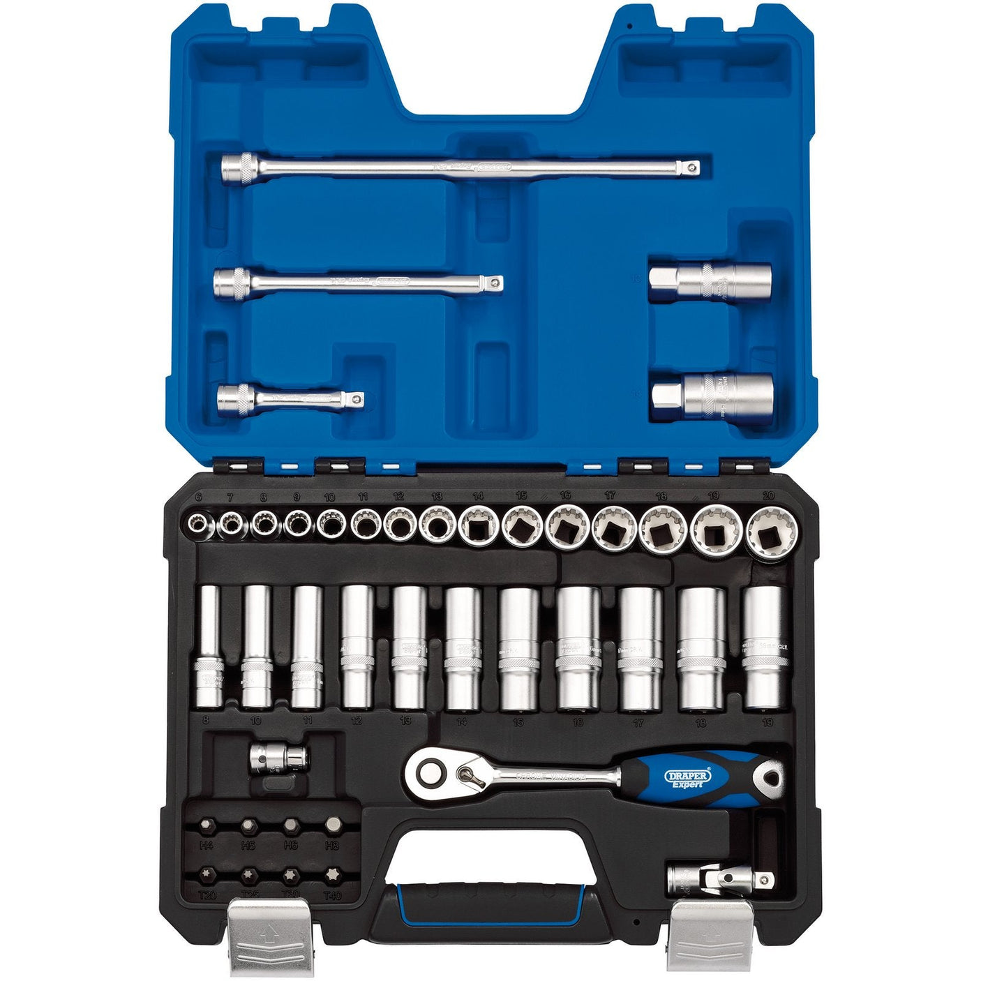 The Draper Multi-Drive® Metric Socket Set, 3/8" Sq. Dr. (42 Piece) - D42MDSN/B includes various sizes of socket wrenches, a 72 tooth reversible ratchet, and extension bars all made from durable chrome vanadium steel, housed in a case with a blue lid and handles.