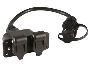 Close-up of a black plastic 3 Pin Aux Twin Socket Adapter (Sparex Part Number: S.164814) with a flexible conduit and dual 12V outlets, featuring protective caps on both the outlets and the plug by Sparex.