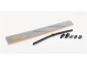 A Sparex box and a set of windscreen wiper blades with various connectors are displayed on a white background, featuring the efficient 15" (380mm) Flat Blade design, identified as Sparex Part Number S.164828.