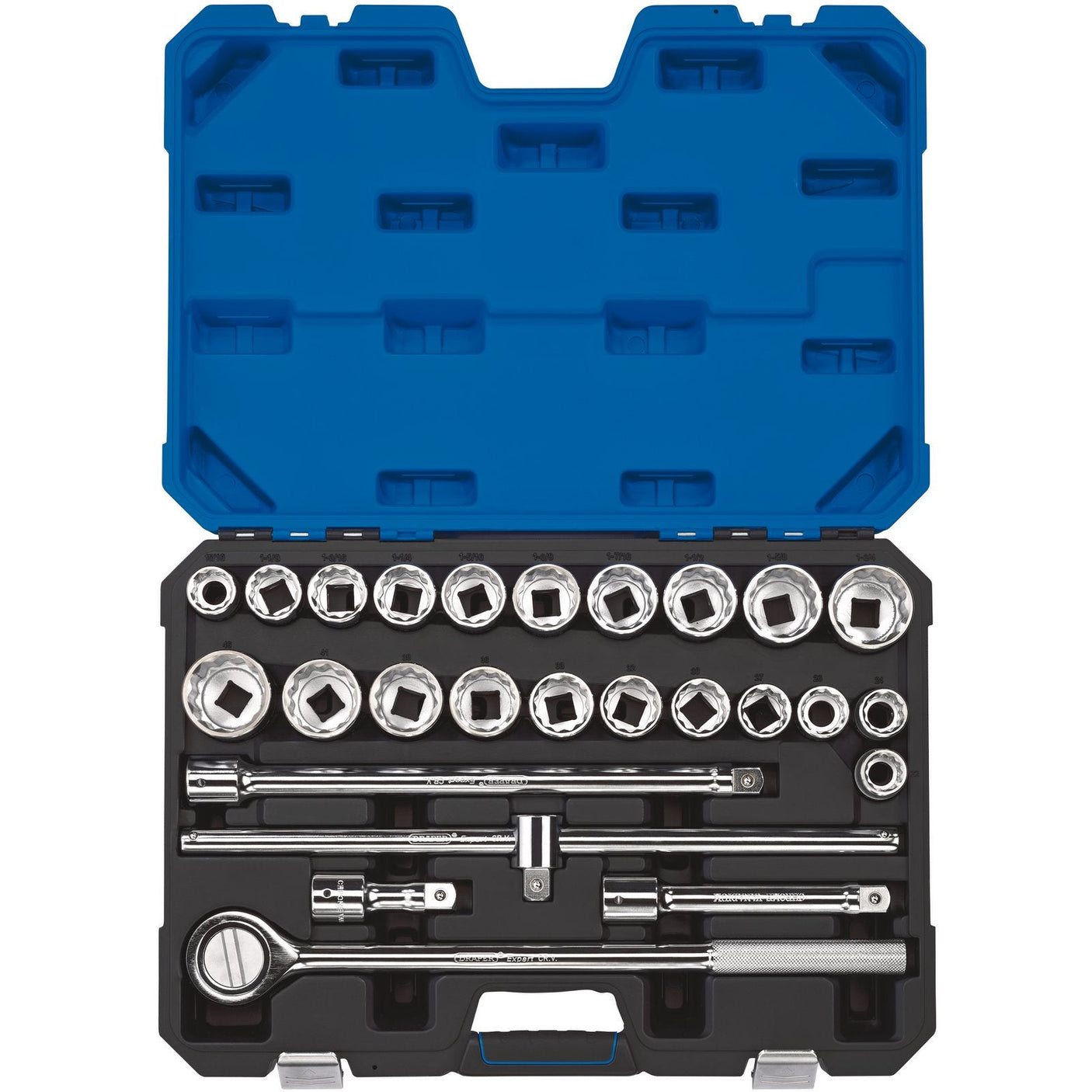 A Draper Combined mm/Af Socket Set, 3/4" Sq. Dr. (26 Piece) - T26AMN/B featuring a blue, open plastic case displaying an assortment of twelve-point socket wrenches and accessories, including a durable reversible ratchet, all neatly organized inside.