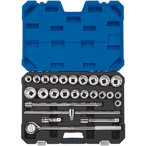 A Draper Combined mm/Af Socket Set, 3/4" Sq. Dr. (26 Piece) - T26AMN/B featuring a blue, open plastic case displaying an assortment of twelve-point socket wrenches and accessories, including a durable reversible ratchet, all neatly organized inside.